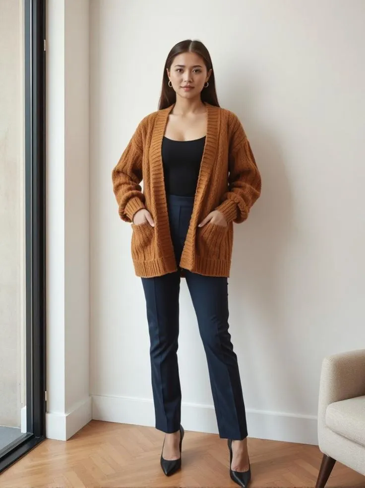 Mulher vestindo cardigan alongado caramelo, estilo casual e confortável, combinando com calças escuras e salto alto.