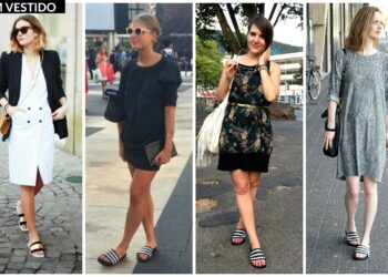 Mulheres usando sandálias de dedo Adidas Adilette com vestidos.