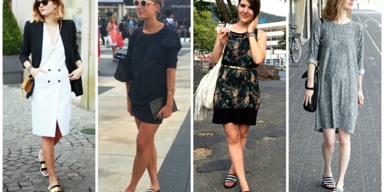 Moda polêmica: Sandália de dedo volta com tudo no verão 2026 1 Mulheres usando sandálias de dedo Adidas Adilette com vestidos.