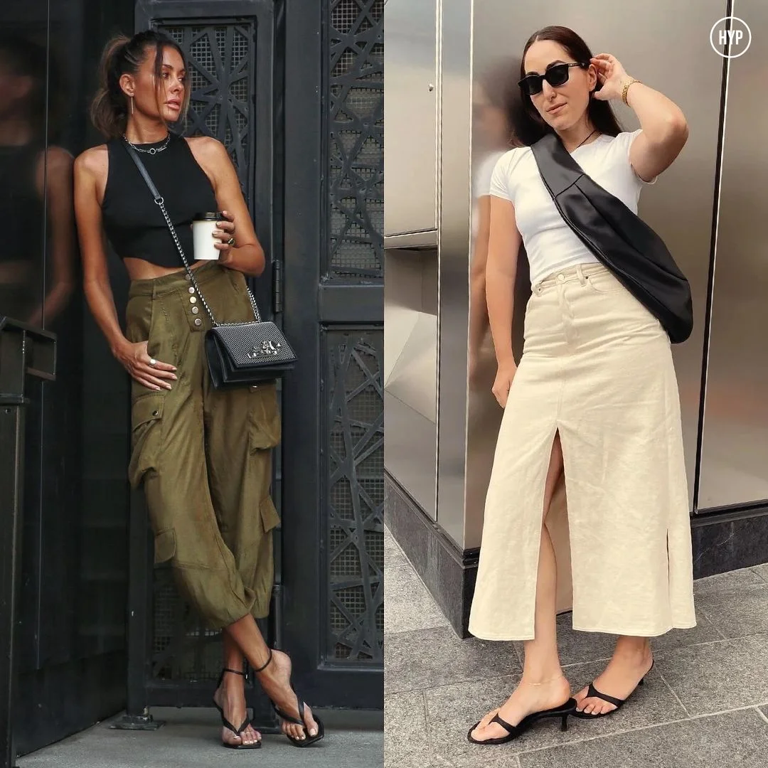 Chinelo com salto, tendência de moda com estética Y2K, usado por influenciadoras em looks estilosos.