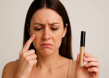 Mulher segurando corretivo e apontando para olheiras