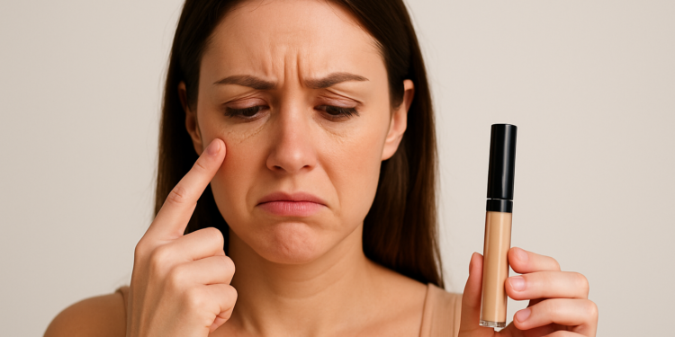 Corretivo que não craquela: como escolher e aplicar do jeito certo 1 Mulher segurando corretivo e apontando para olheiras