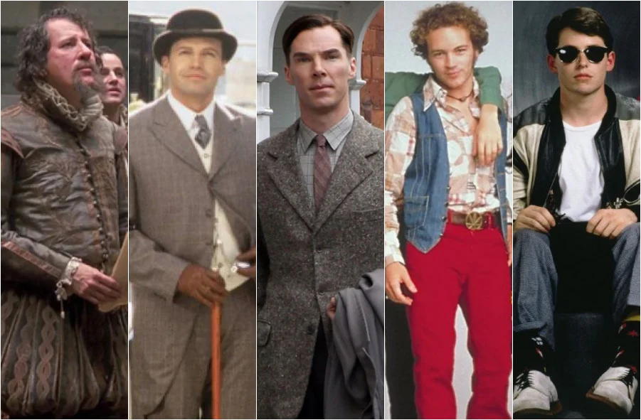 Evolução das roupas masculinas ao longo dos tempos, mostrando diferentes estilos de vestuário, de roupas clássicas a looks modernos.
