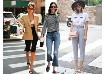Três looks de street style, incluindo blazers, calças capri e acessórios modernos.