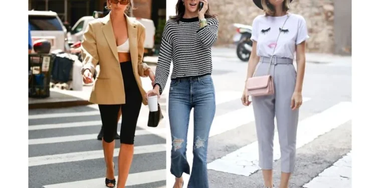 Três looks de street style, incluindo blazers, calças capri e acessórios modernos.