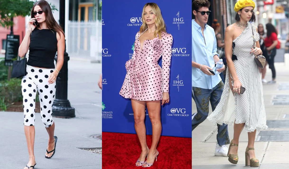 Hailey Bieber, Margot Robbie e Dua Lipa usando looks modernos com estampa de poá.
