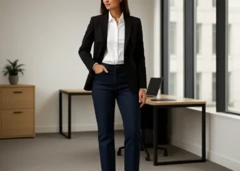 Imagem de uma pessoa usando jeans reto, blazer preto e camisa branca em um ambiente de escritório moderno.