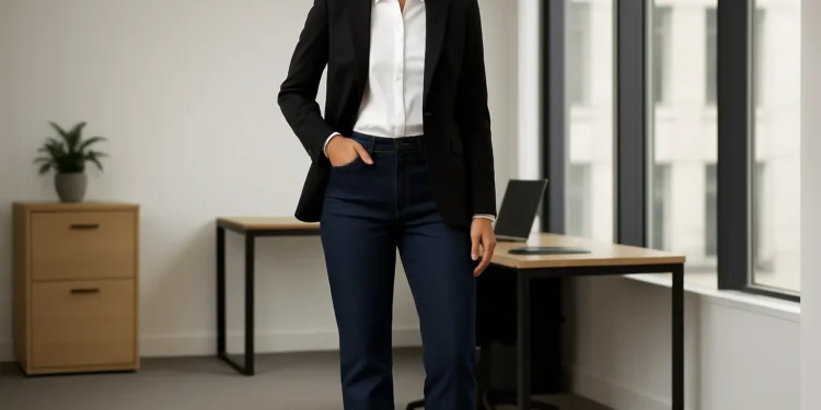 Imagem de uma pessoa usando jeans reto, blazer preto e camisa branca em um ambiente de escritório moderno.