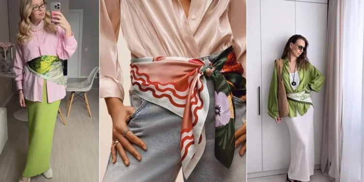 Mulheres usando lenço amarrado na cintura com looks modernos e elegantes.