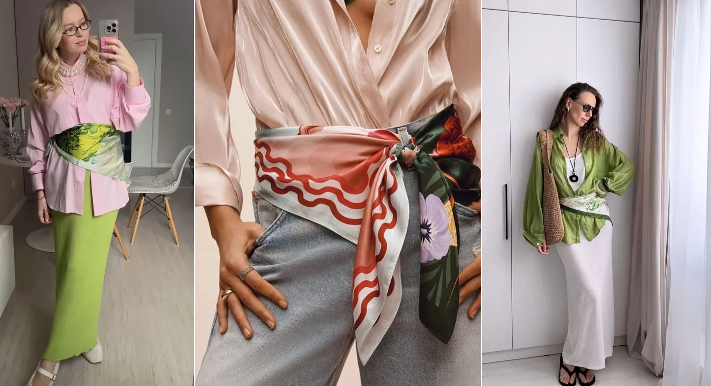 Mulheres usando lenço amarrado na cintura com looks modernos e elegantes.