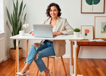 Mulher confiante trabalhando em home office, usando look confortável e estiloso com blazer e jeans rasgado, em ambiente moderno e decorado.