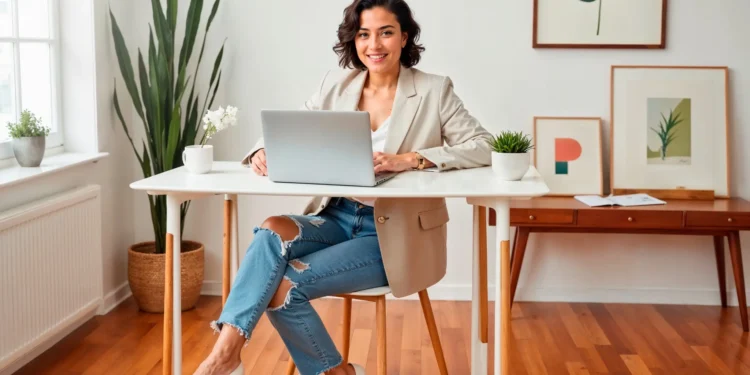 Look home office: conforto com estilo na medida certa 1 Mulher confiante trabalhando em home office, usando look confortável e estiloso com blazer e jeans rasgado, em ambiente moderno e decorado.