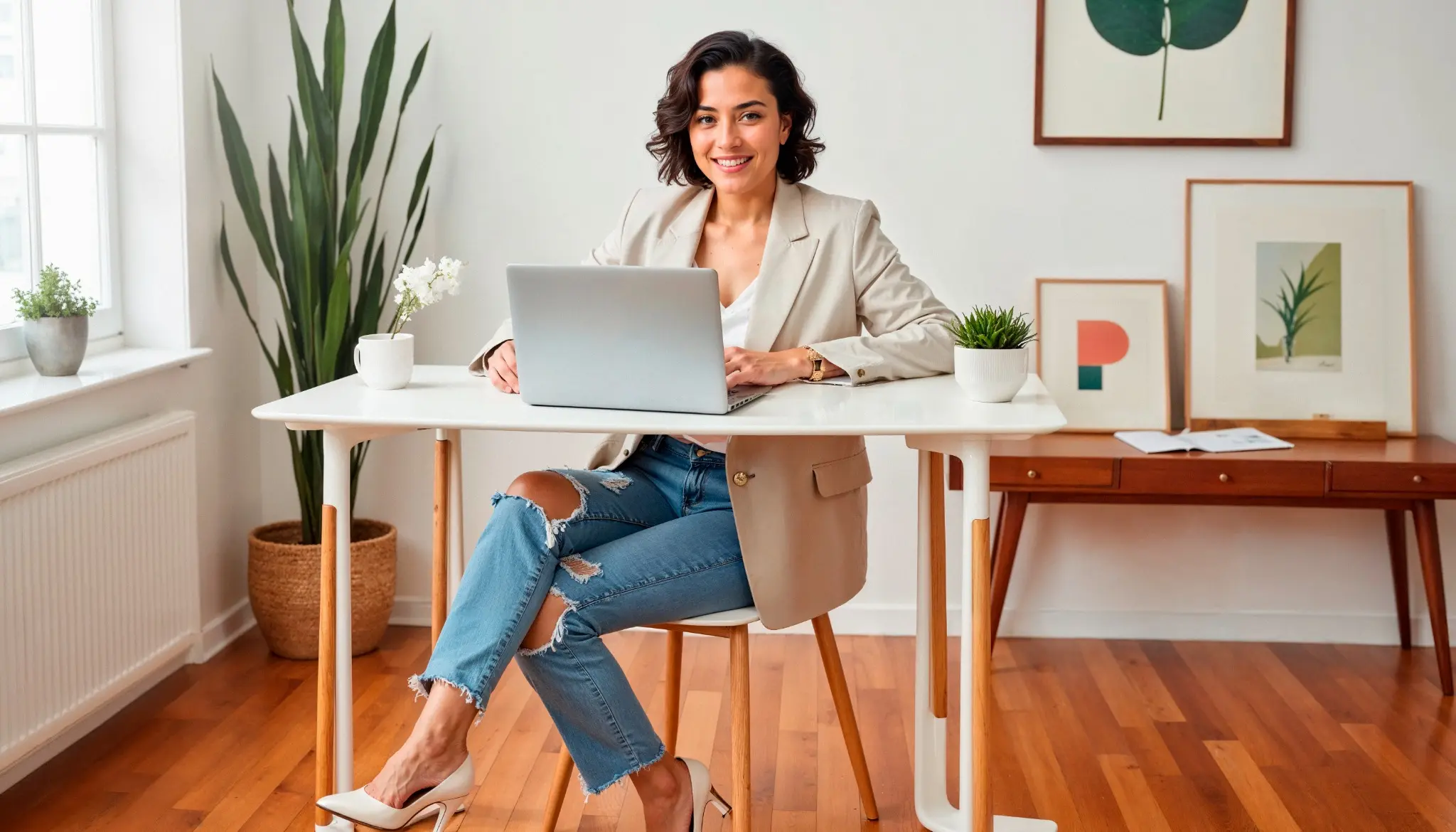 Mulher confiante trabalhando em home office, usando look confortável e estiloso com blazer e jeans rasgado, em ambiente moderno e decorado.