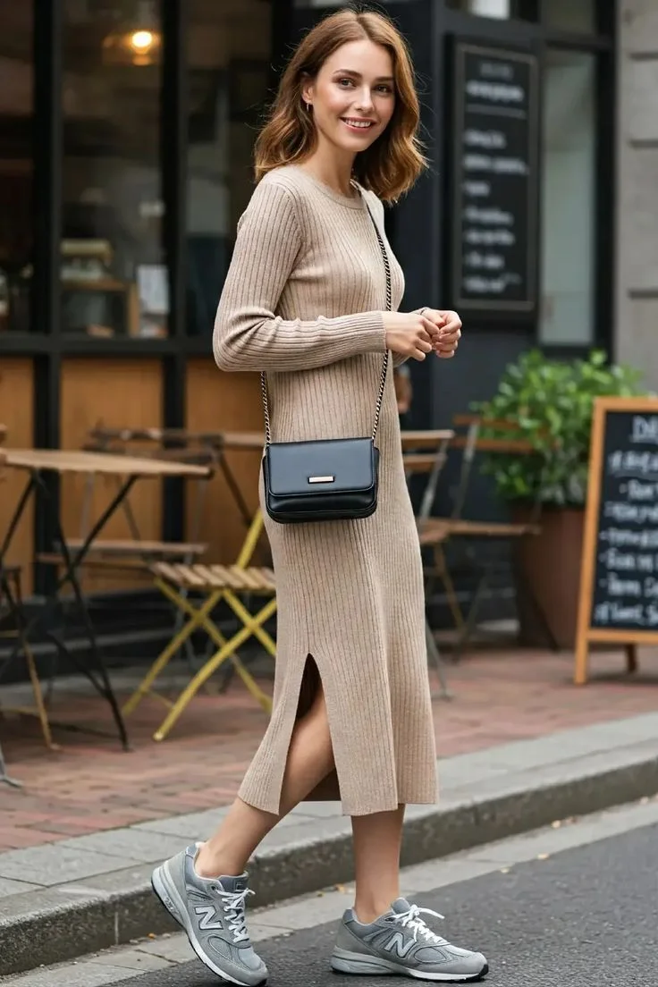 Look estiloso com vestido de malha e tênis New Balance 574