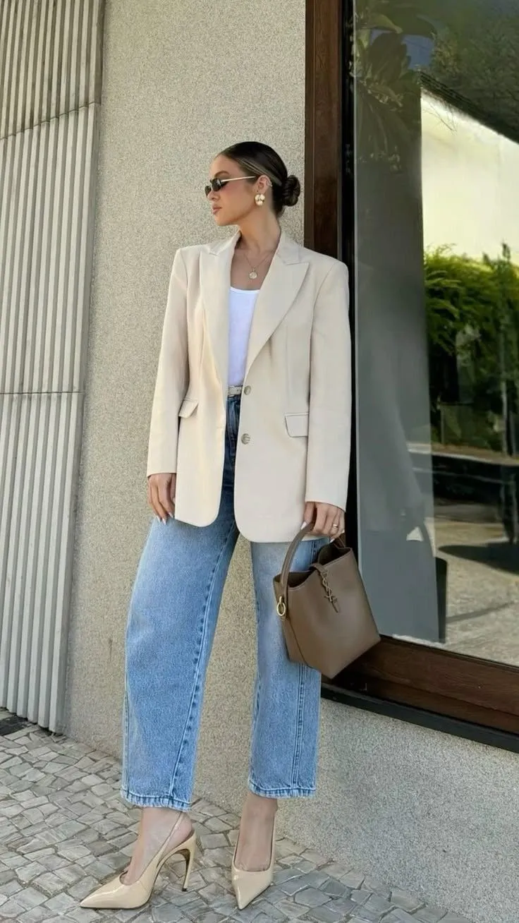 Mulher usando jeans reto com blazer e scarpin em ambiente profissional, representando um look adequado para o trabalho.