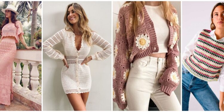 Looks estilosos com roupas de crochê, incluindo vestidos, cardigãs e tops coloridos, perfeitos para a estação.