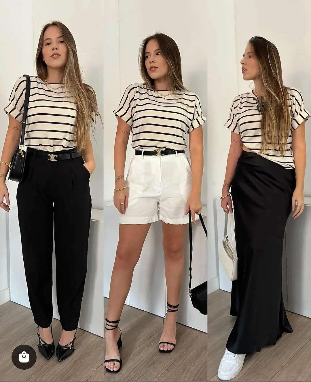Mulher usando três looks diferentes com peças básicas de um guarda-roupa cápsula, combinando blusa listrada com calças, shorts e saia.