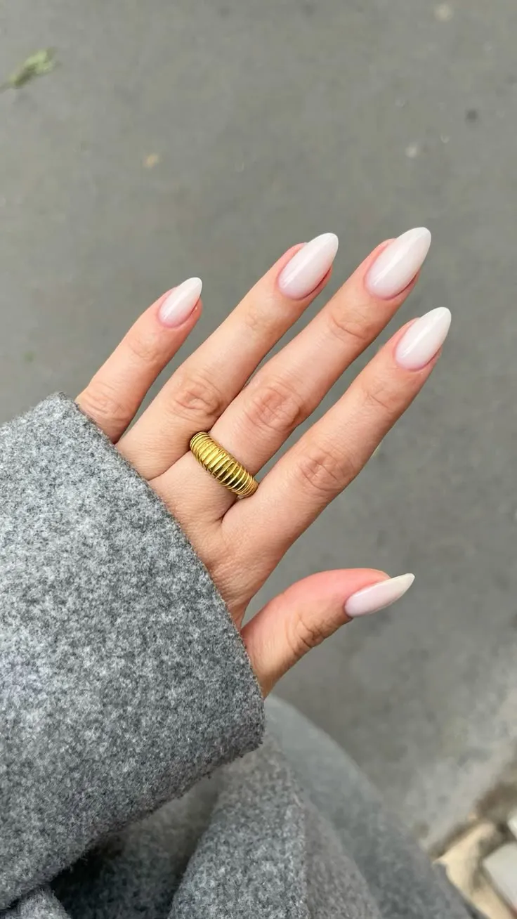 Unhas com acabamento milky white, um tom leitoso e sofisticado, ideal para quem busca elegância discreta.