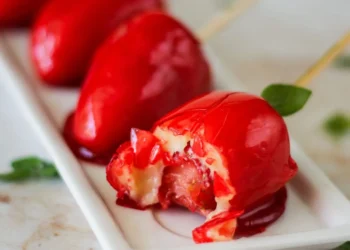 Morango do amor com recheio visível de morango, em uma apresentação atraente.