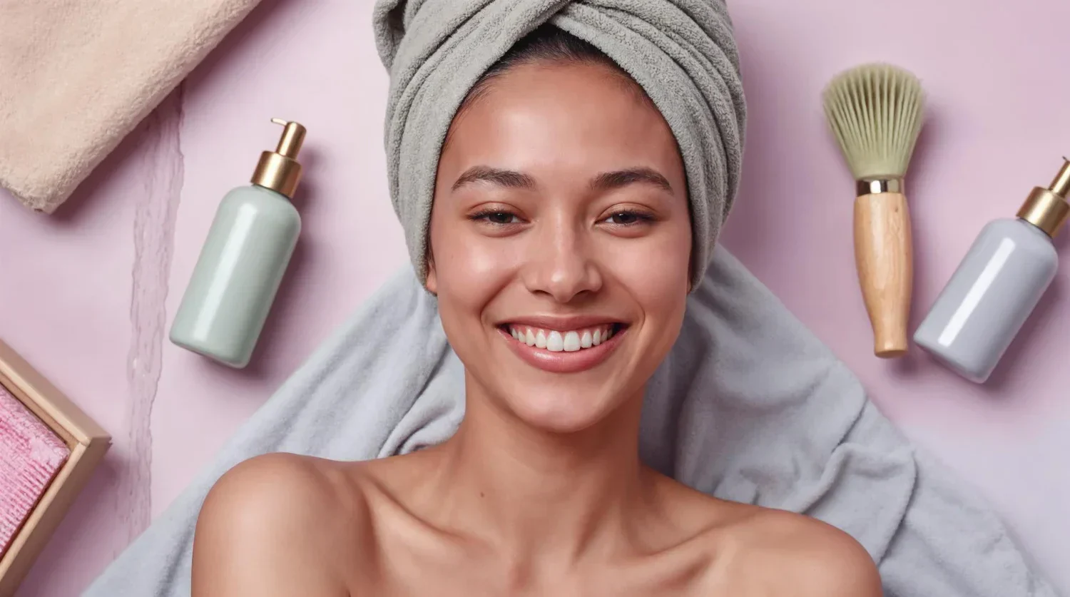 Mulher sorrindo após cuidados com a pele, com produtos de skincare ao redor