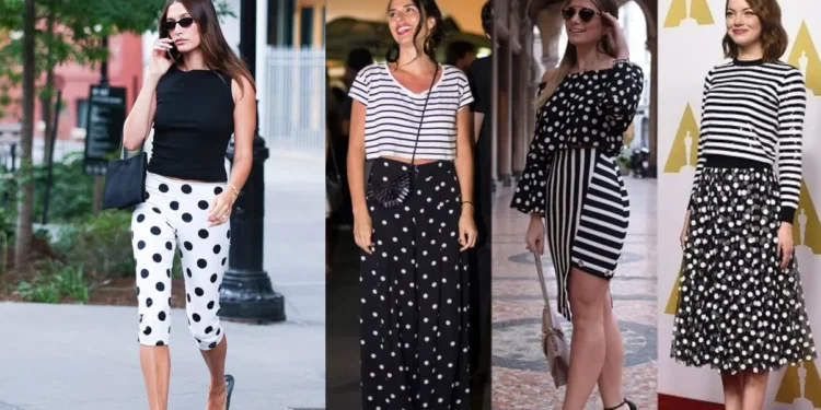 Mulheres estilizadas com roupas de bolinhas, o clássico poá, em looks modernos que misturam padrões listrados e de poá, tendência das celebridades.