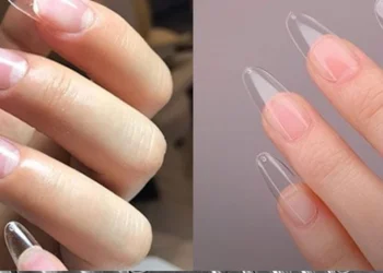Unhas postiças transparentes com formato natural e dicas para aumentar a durabilidade.