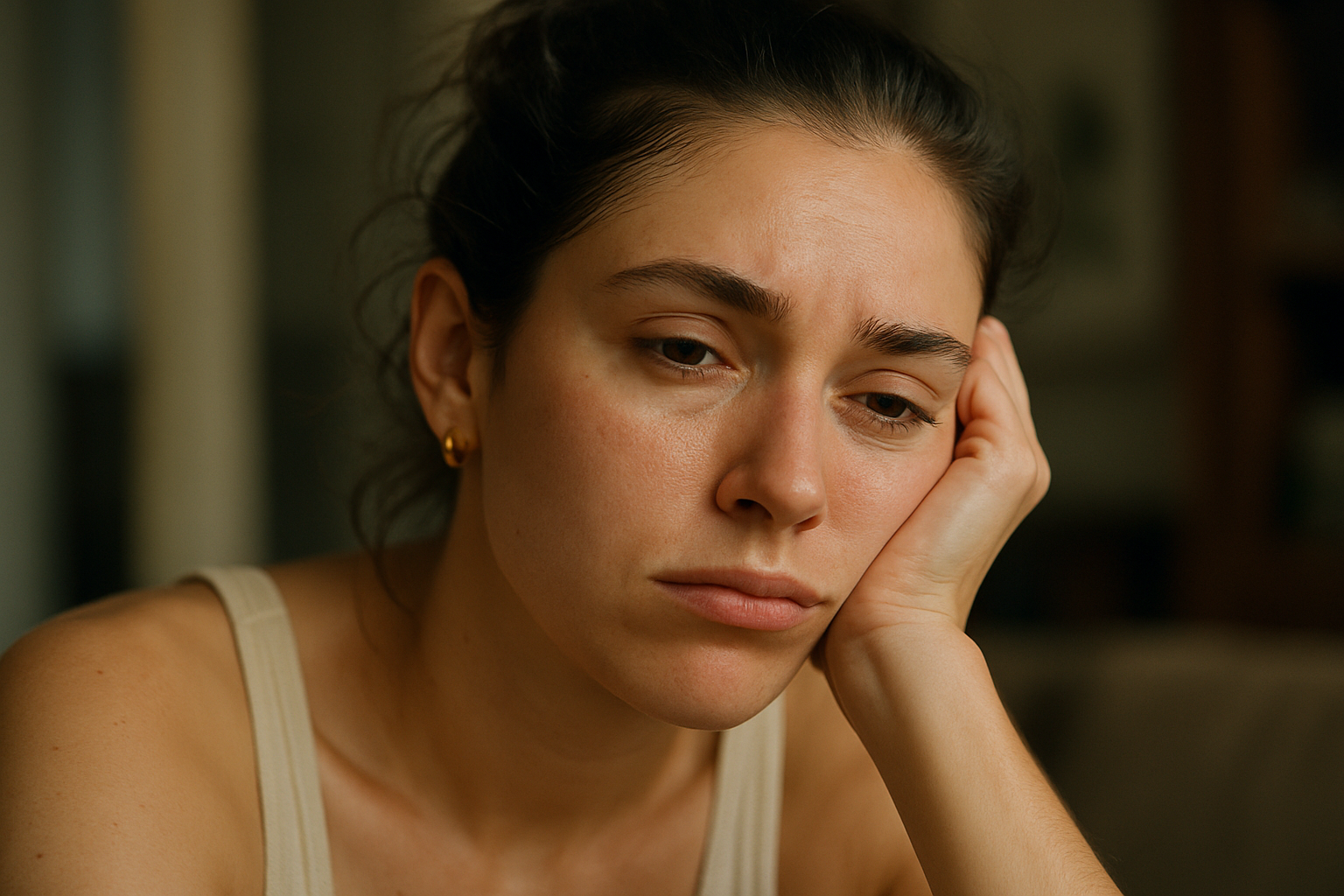 Mulher com expressão triste apoiando o rosto na mão