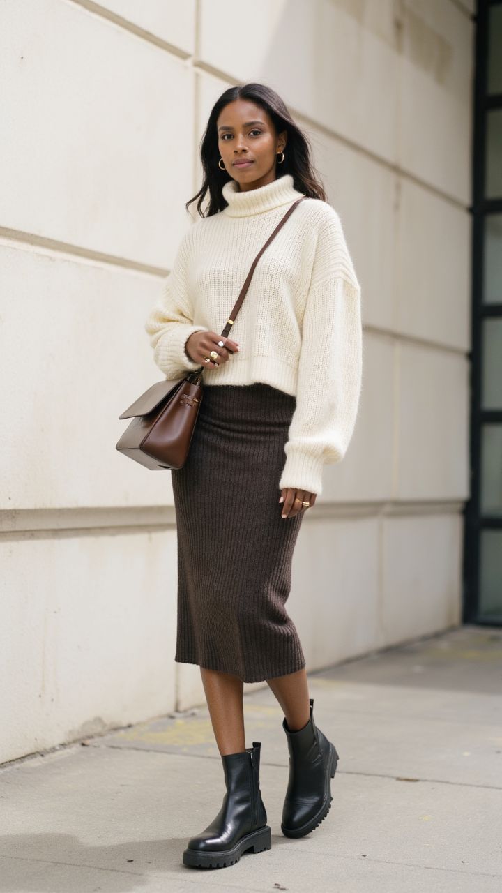 Mulher com look estiloso de inverno usando suéter branco, saia longa marrom e coturno preto.