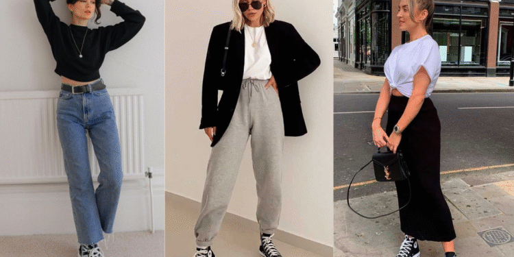 Moda atemporal: All Star preto em combinações que arrasam 1 Modelo vestindo uma camiseta branca e calça moletom cinza, combinada com tênis All Star preto de cano alto.