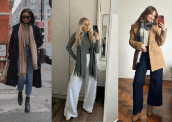Três mulheres com diferentes looks de inverno, todas usando cachecóis para compor o visual.