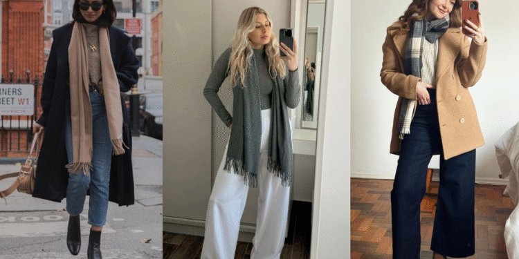 Looks de trabalho com cachecol: veja como combinar sem erro 1 Três mulheres com diferentes looks de inverno, todas usando cachecóis para compor o visual.