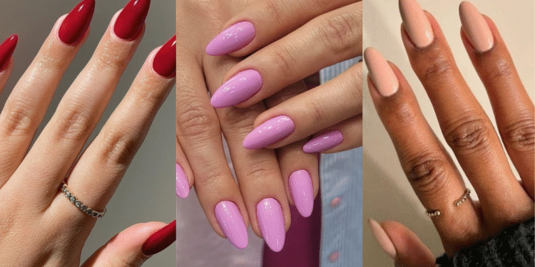 Descubra o que a cor do esmalte diz sobre sua personalidade 1 Montagem de três fotos mostrando mãos com unhas alongadas e esmaltadas em vermelho, lilás e nude.