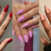 Montagem de três fotos mostrando mãos com unhas alongadas e esmaltadas em vermelho, lilás e nude.