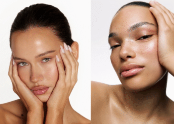 Montagem de duas fotos de mulheres com pele brilhante e natural, destacando a tendência de maquiagem "butter skin".