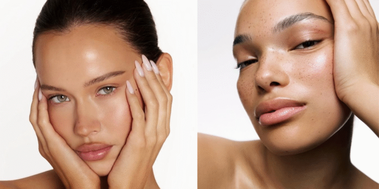 Montagem de duas fotos de mulheres com pele brilhante e natural, destacando a tendência de maquiagem "butter skin".