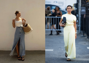 A imagem de uma mulher com um look casual usando chinelos de dedo e uma mulher com um look mais elegante, também usando chinelos.