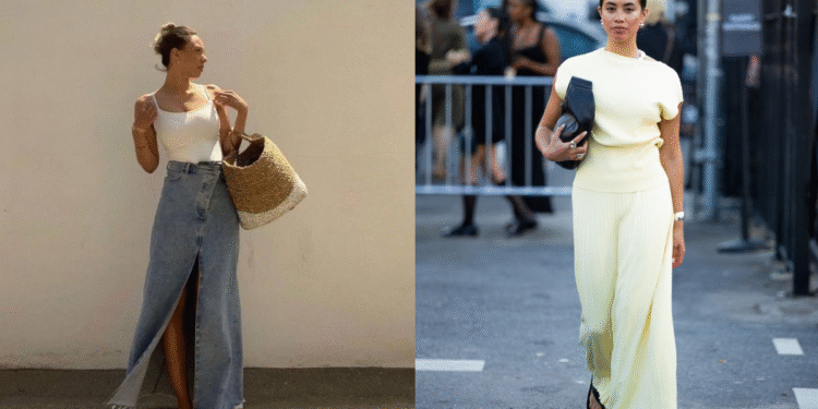 A imagem de uma mulher com um look casual usando chinelos de dedo e uma mulher com um look mais elegante, também usando chinelos.