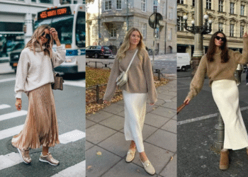 Três inspirações de looks com suéter e saia longa em tons neutros para dias frios com estilo