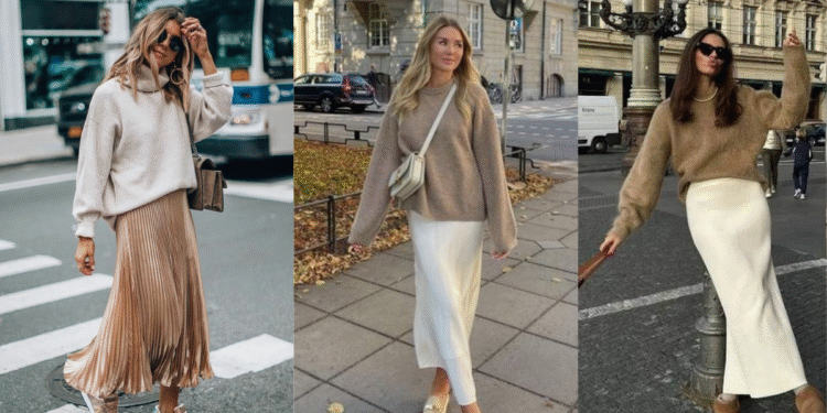 Looks com saia longa e suéter que exalam estilo e romantismo 1 Três inspirações de looks com suéter e saia longa em tons neutros para dias frios com estilo