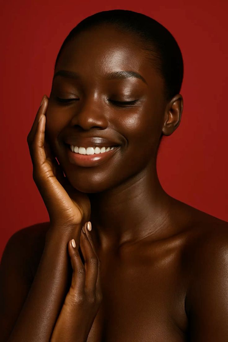 Mulher com pele naturalmente brilhante e com sardas, mostrando a tendência de beleza "butter skin" em close.