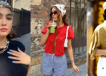 Acessórios de cabelo estilosos para o verão 2026, como bandanas, lenços e tiaras, sendo exibidos em três looks.