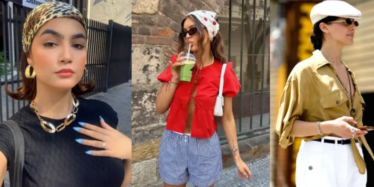 Acessórios de cabelo estilosos para o verão 2026, como bandanas, lenços e tiaras, sendo exibidos em três looks.