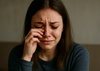 Pessoa com expressão de choro repentino, tocando o rosto em um momento de angústia emocional.