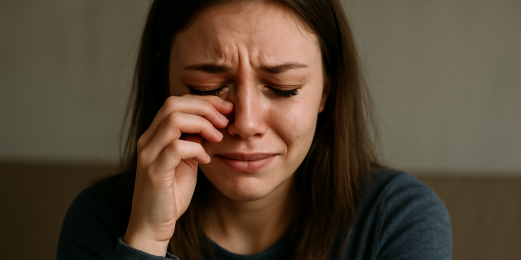 Vontade de chorar do nada? Entenda o que esse comportamento pode significar 1 Pessoa com expressão de choro repentino, tocando o rosto em um momento de angústia emocional.