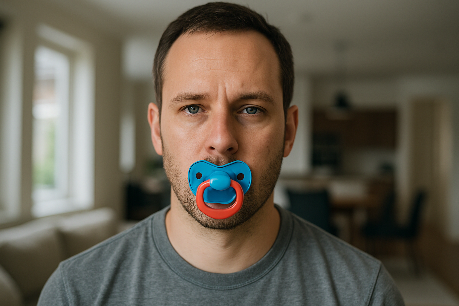 Homem com chupeta colorida, representando fenômeno nas redes sociais sobre infantilização em adultos.