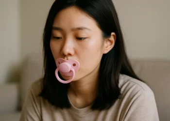 Imagem de uma pessoa com chupeta rosa, ilustrando a tendência das chupetas em adultos nas redes sociais.