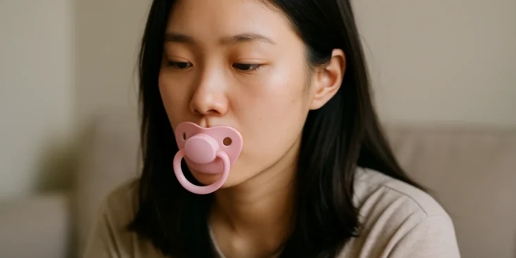 Imagem de uma pessoa com chupeta rosa, ilustrando a tendência das chupetas em adultos nas redes sociais.