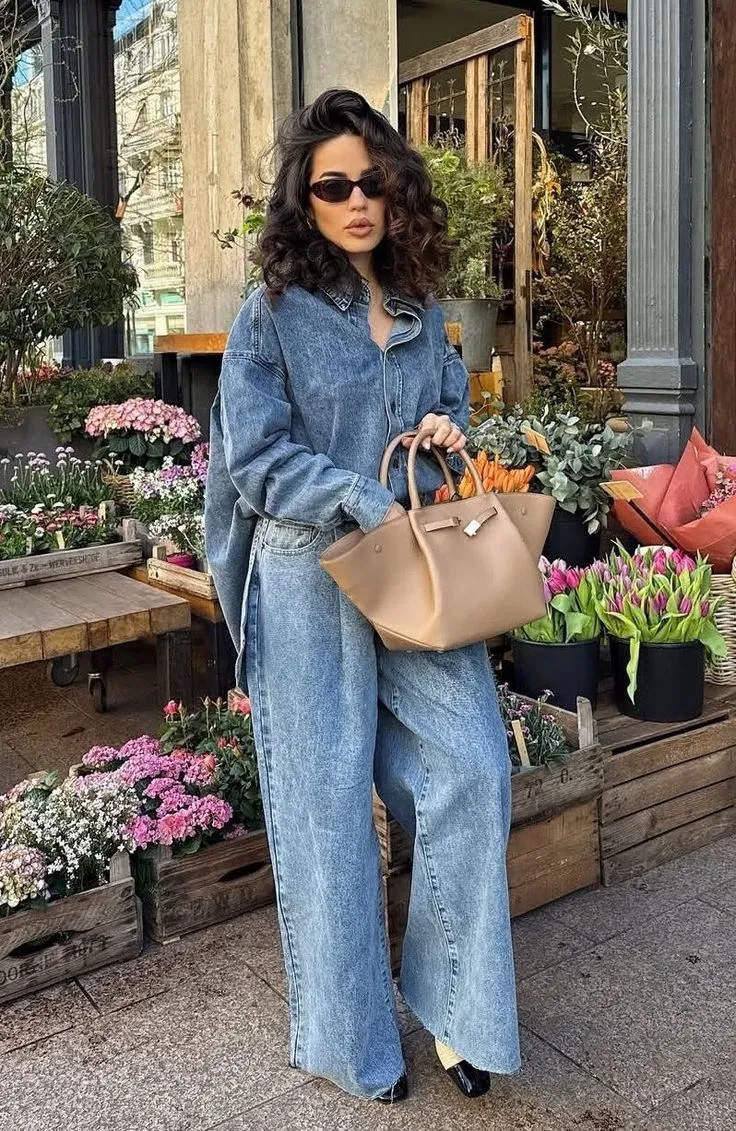 Mulher usando look de denim sobre denim, com calça e camisa jeans, combinados com bolsa e óculos de sol.