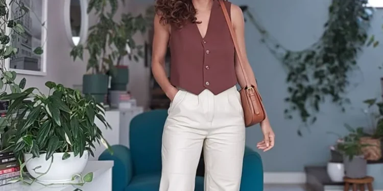 Como parecer elegante com peças simples? Segredo revelado! 1 Mulher usando um visual elegante com peças simples: top marrom, calça branca e tênis, em um ambiente moderno e acolhedor.