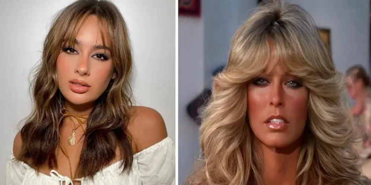 Elas voltaram com tudo! As franjas nos cabelos estão em alta 1 Mulher com cabelos loiros em destaque, mostrando a tendência de franjas.